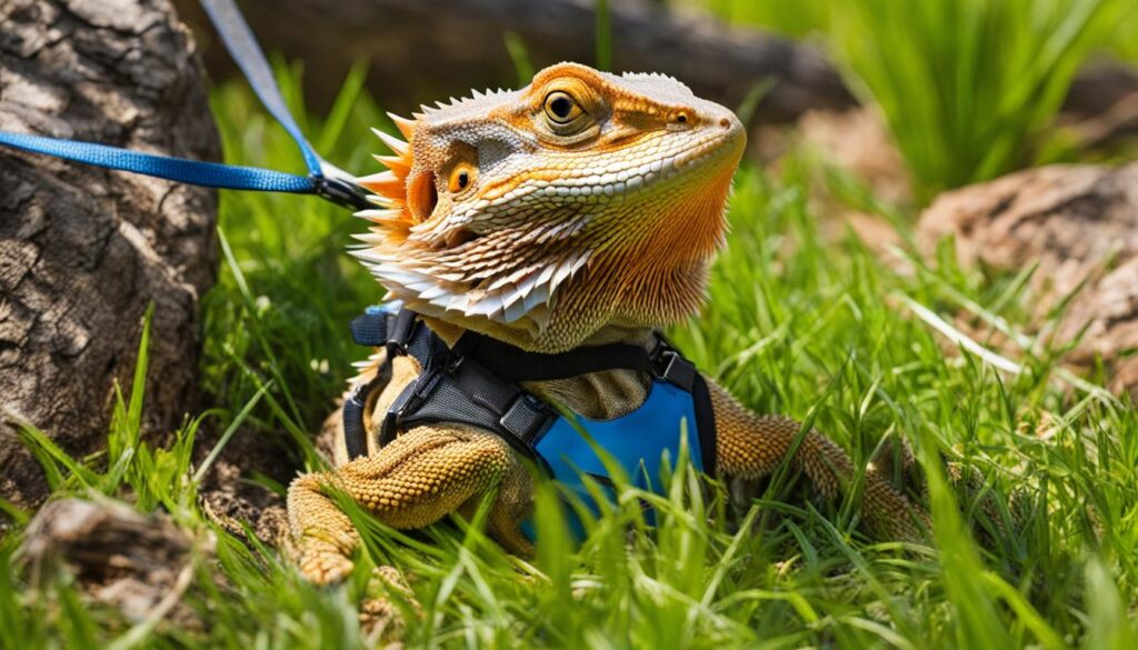 Bearded dragon in a harness and leash
